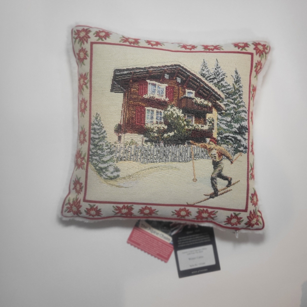 NWT Hines Of Oxford Winter Cabin Tapestry Pillow Faux Fur Back Snow Skier Design